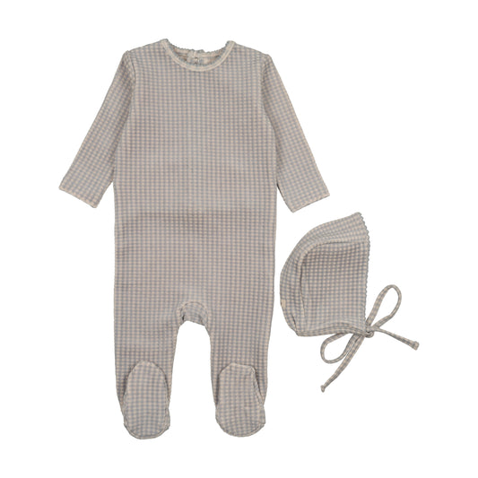 MEMA KNITS BLUE VELOUR GINGHAM FOOTIE + BONNET