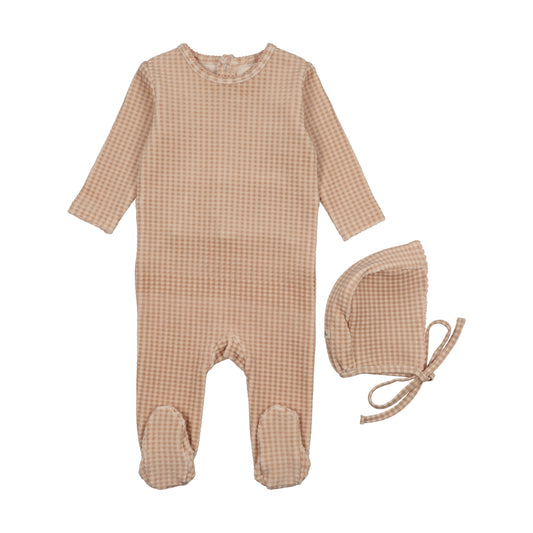 MEMA KNITS ROSE VELOUR GINGHAM FOOTIE + BONNET