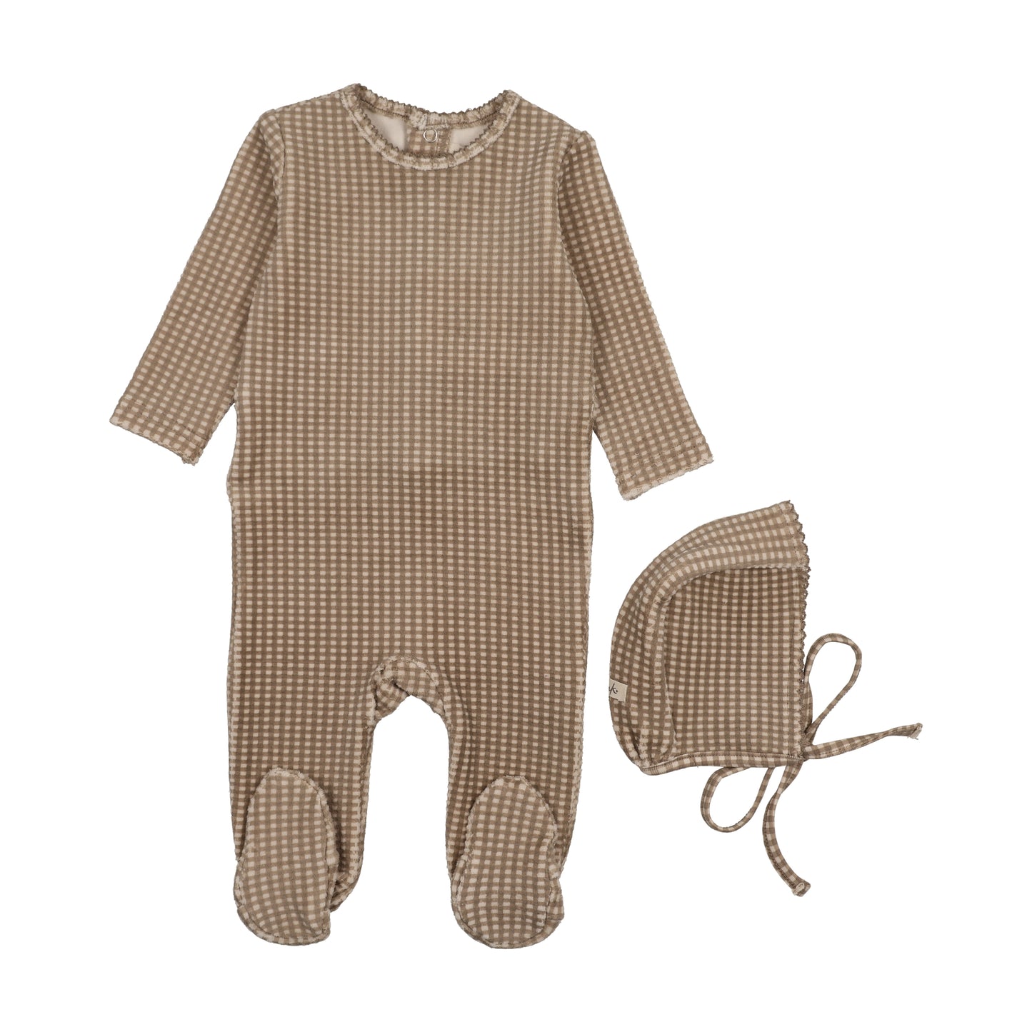 MEMA KNITS TAUPE VELOUR GINGHAM FOOTIE + BONNET