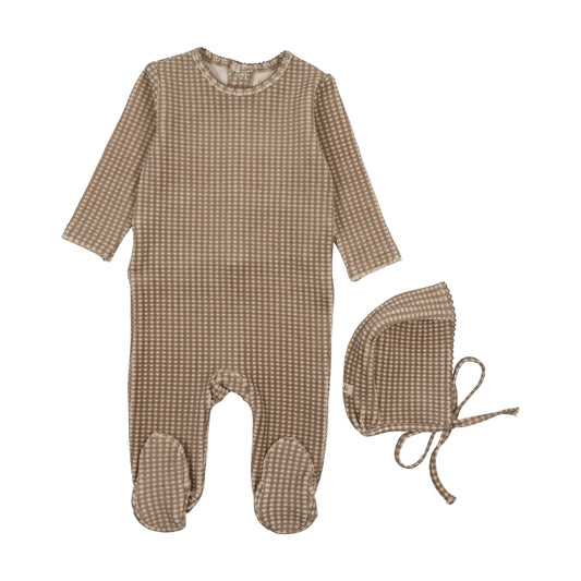 MEMA KNITS TAUPE VELOUR GINGHAM FOOTIE + BONNET