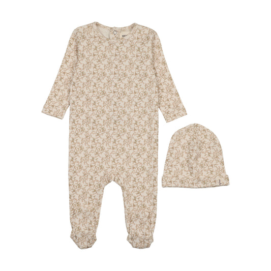 MEMA KNITS PINK LEAF PRINT FOOTIE + BEANIE