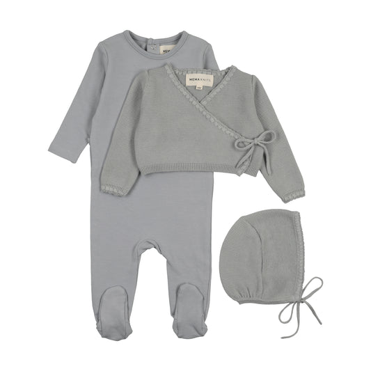 MEMA KNITS BLUE EMBROIDERED EDGE FOOTIE + BONNET