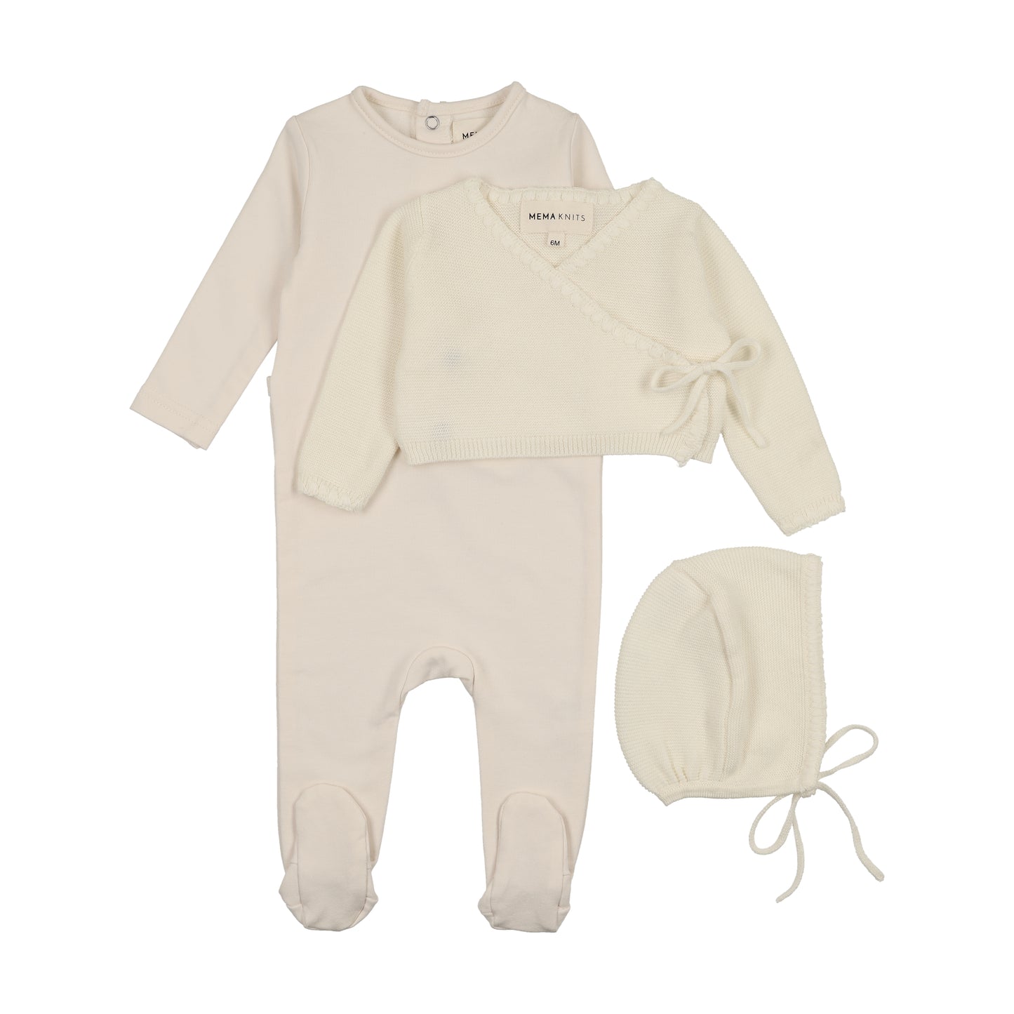 MEMA KNITS IVORY EMBROIDERED EDGE FOOTIE + BONNET