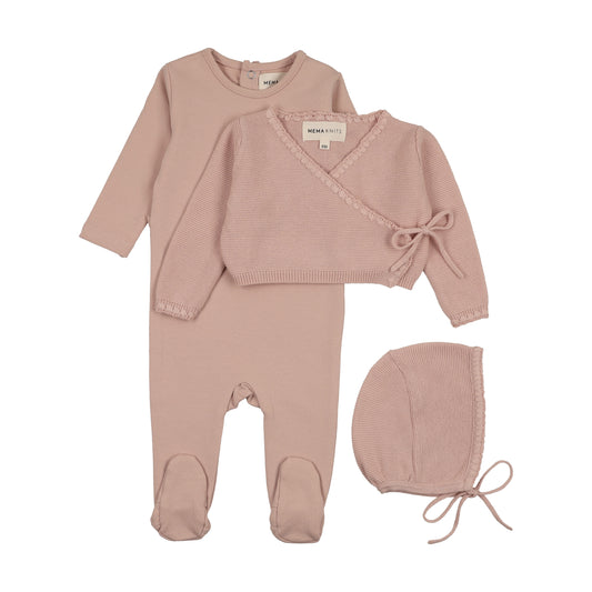 MEMA KNITS PALE PINK EMBROIDERED EDGE FOOTIE + BONNET