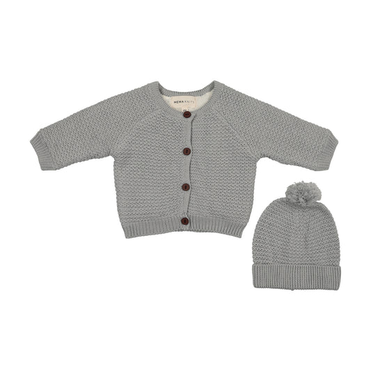 MEMA KNITS WINDY BLUE KNIT JACKET + POMPOM BEANIE