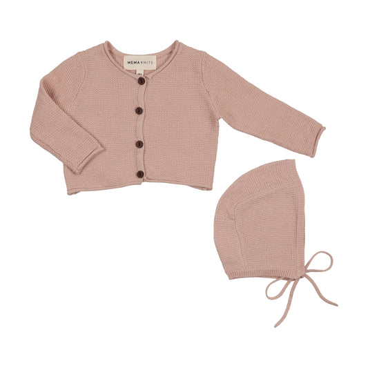 MEMA KNITS PALE PINK CROP KNIT CARDIGAN + BONNET
