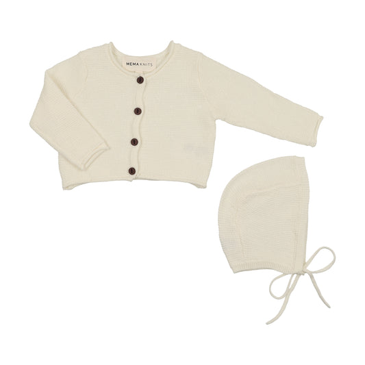 MEMA KNITS IVORY CROP KNIT CARDIGAN + BONNET