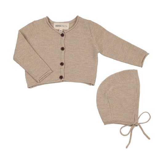 MEMA KNITS BEIGE CROP KNIT CARDIGAN + BONNET