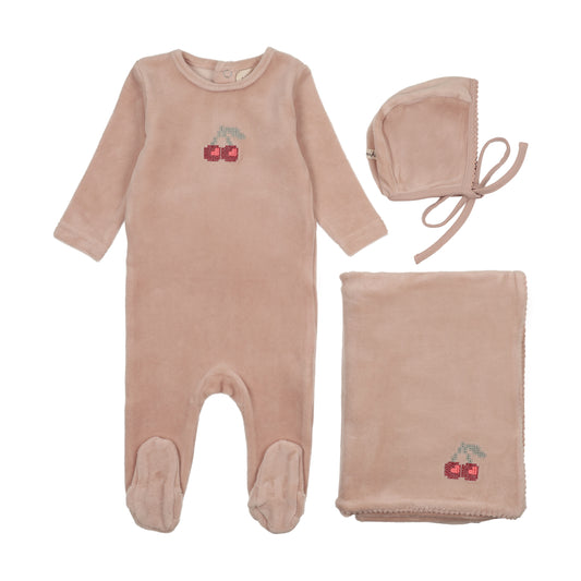 MEMA KNITS PINK/RED VELOUR CHERRY EMBROIDERED SET