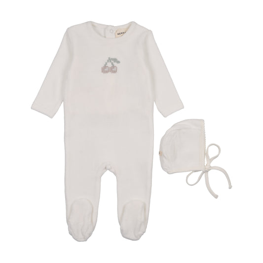 MEMA KNITS IVORY/TAUPE VELOUR CHERRY EMBROIDERED FOOTIE + BONNET