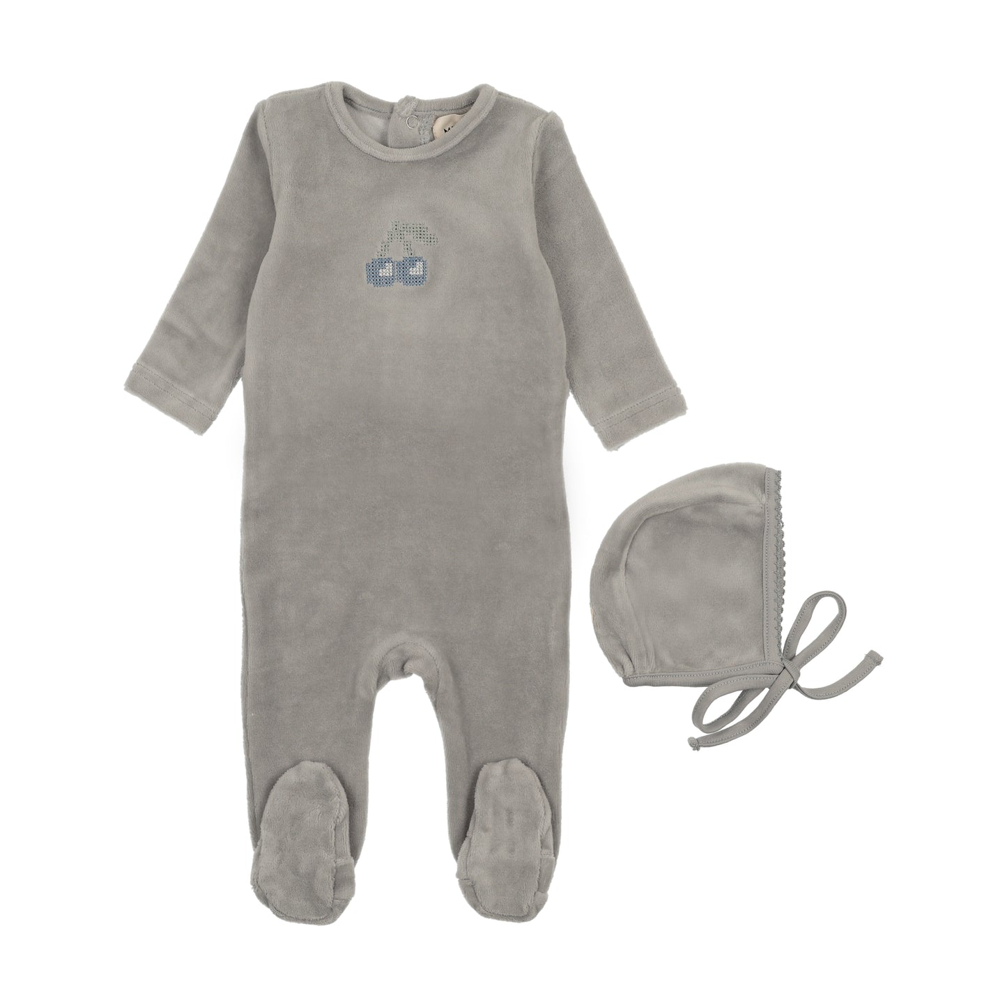 MEMA KNITS BLUE VELOUR CHERRY EMBROIDERED FOOTIE + BONNET
