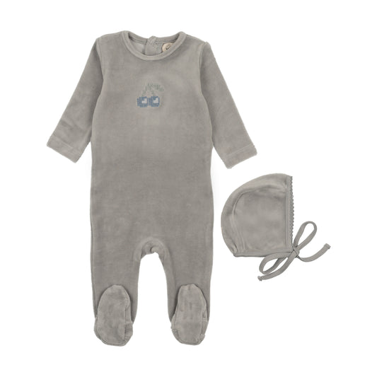 MEMA KNITS BLUE VELOUR CHERRY EMBROIDERED FOOTIE + BONNET