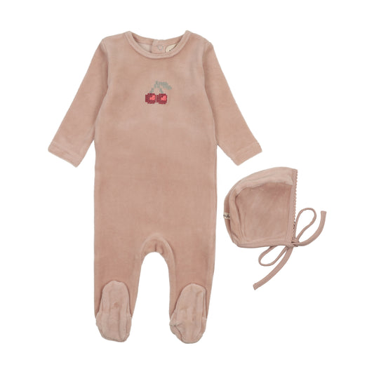 MEMA KNITS PINK/RED VELOUR CHERRY EMBROIDERED FOOTIE + BONNET