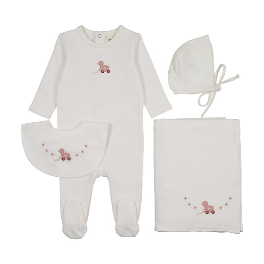 MEMA KNITS IVORY/PINK DUCK EMBROIDERED SET