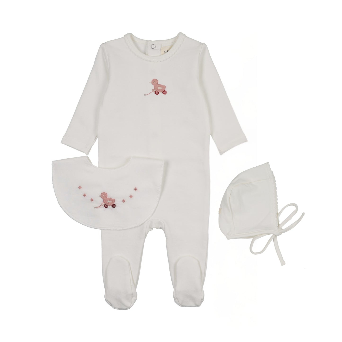 MEMA KNITS IVORY/PINK DUCK EMBROIDERED FOOTIE +BONNET