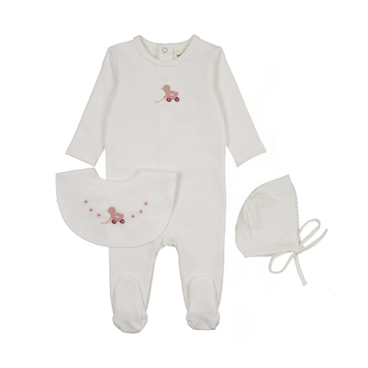 MEMA KNITS IVORY/PINK DUCK EMBROIDERED FOOTIE +BONNET