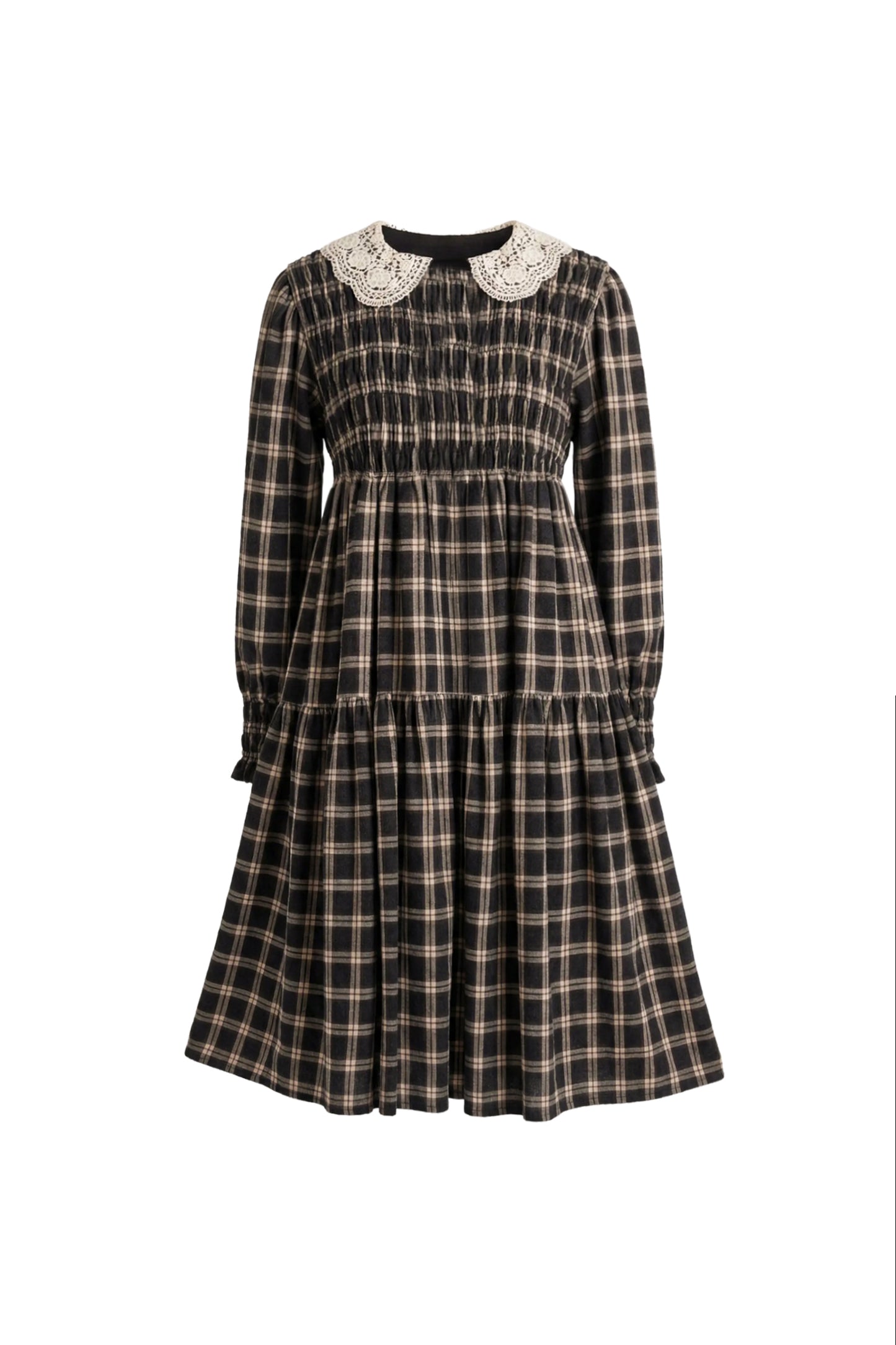 PERNILLE NAVY/BEIGE PLAID LACE COLLAR SMOCK DRESS