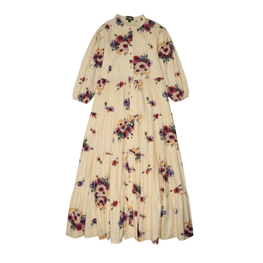 SWEET THREADS YELLOW FLOWER TIERED MIDI DRESS