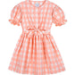 MIPOUNET PEACH CHECKED PUFF SLEEVE BOW DRESS [FINAL SALE]