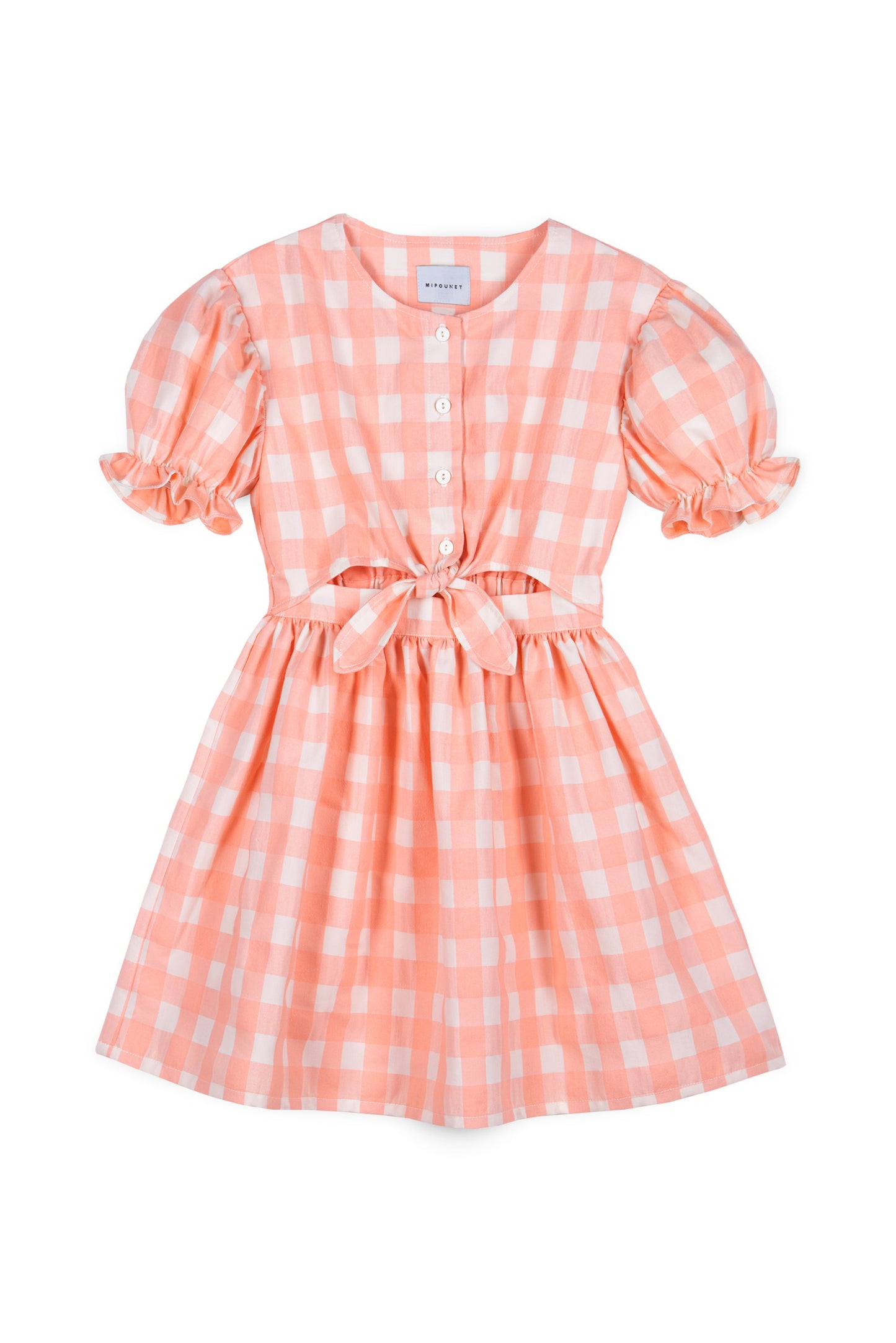 MIPOUNET PEACH CHECKED PUFF SLEEVE BOW DRESS [FINAL SALE]