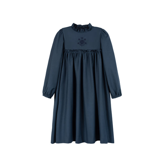 MADAME TI BLUE RUFFLE TRIM HIGH WAISTED DRESS