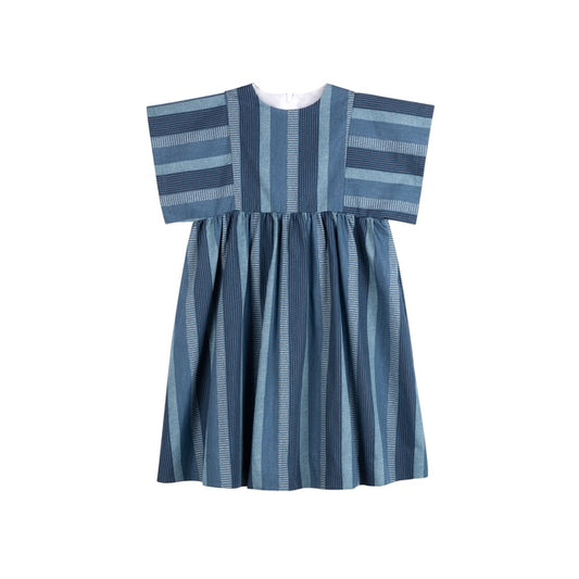 MADAME TI BLUE STRIPED FLUTTER SLEEVE DRESS