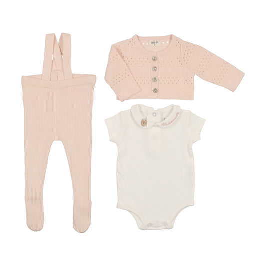 BEE & DEE WHITE/PINK OPEN KNIT SUSPENDER PANT SET