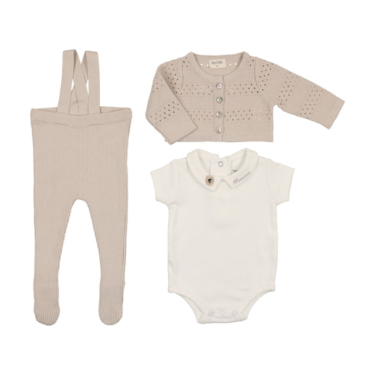 BEE & DEE WHITE/TAN OPEN KNIT SUSPENDER PANT SET