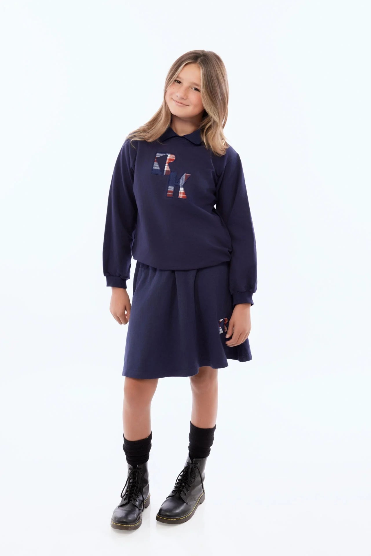 RETRO KID NAVY PLAID LOGO SKIRT