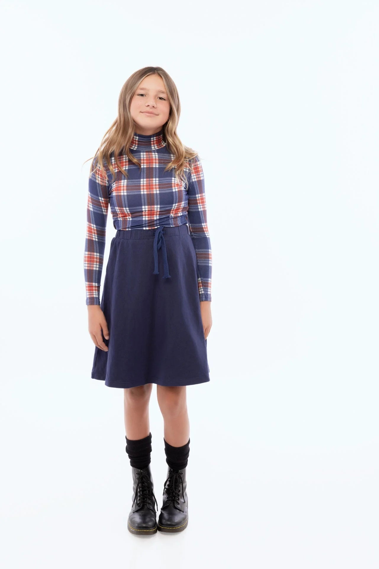 RETRO KID NAVY PLAID PRINT TURTLENECK