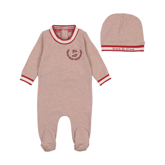 BEE & DEE HEATHER PINK VARSITY FOOTIE + BEANIE