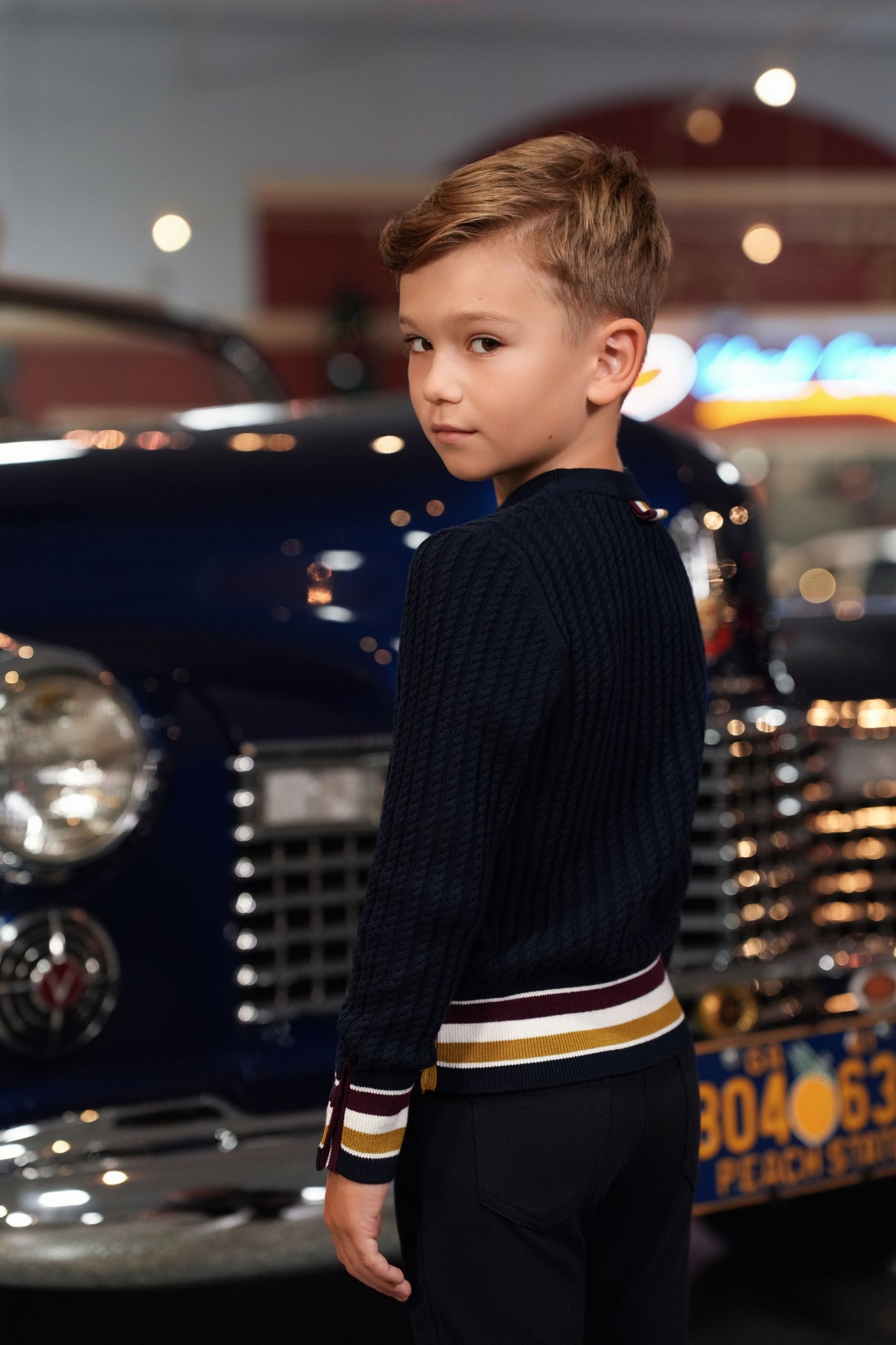 MOTU NAVY STRIPE TRIM RIBBED KNIT SWEATER
