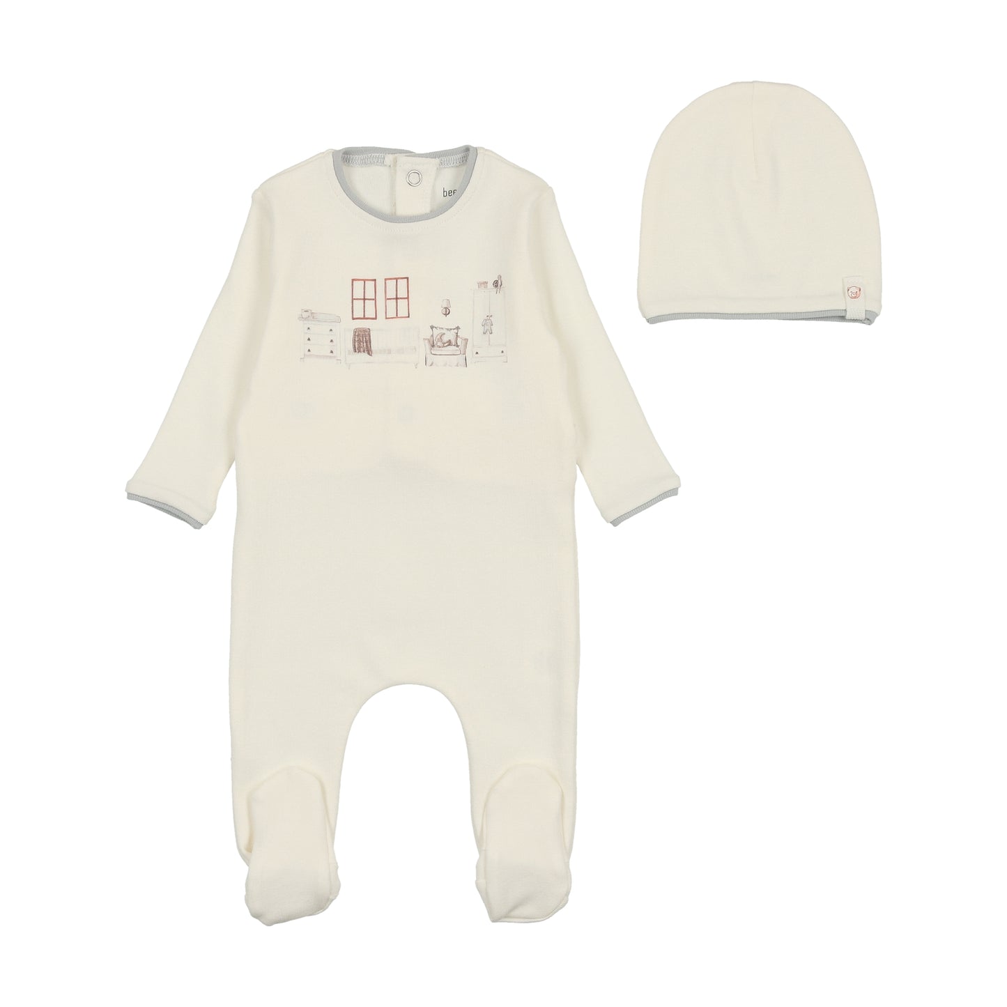 BEE & DEE IVORY/BLUE NURSERY FOOTIE + BEANIE