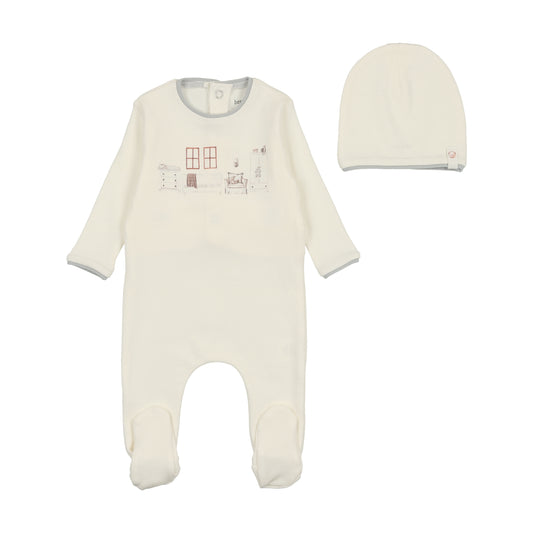 BEE & DEE IVORY/BLUE NURSERY FOOTIE + BEANIE