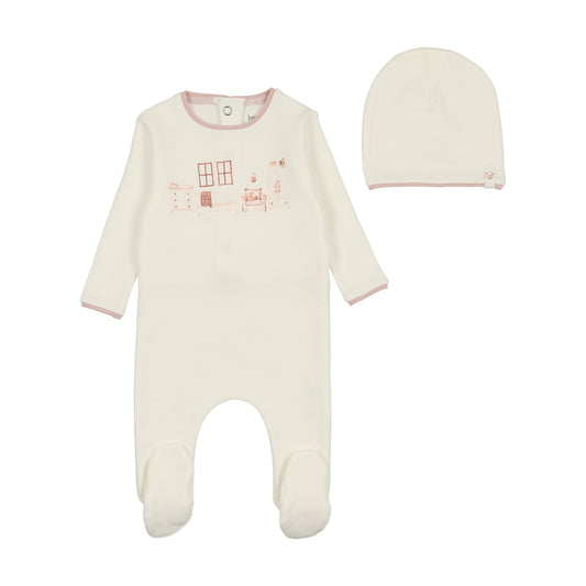 BEE & DEE IVORY/PINK NURSERY FOOTIE + BEANIE