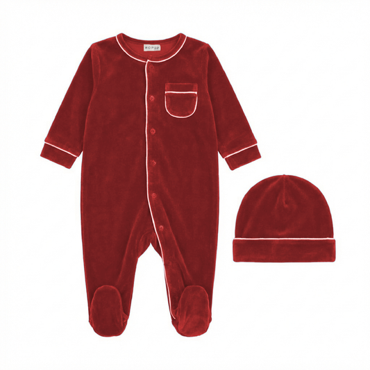 BOPOP RED VELOUR GRANDPA FOOTIE + BEANIE
