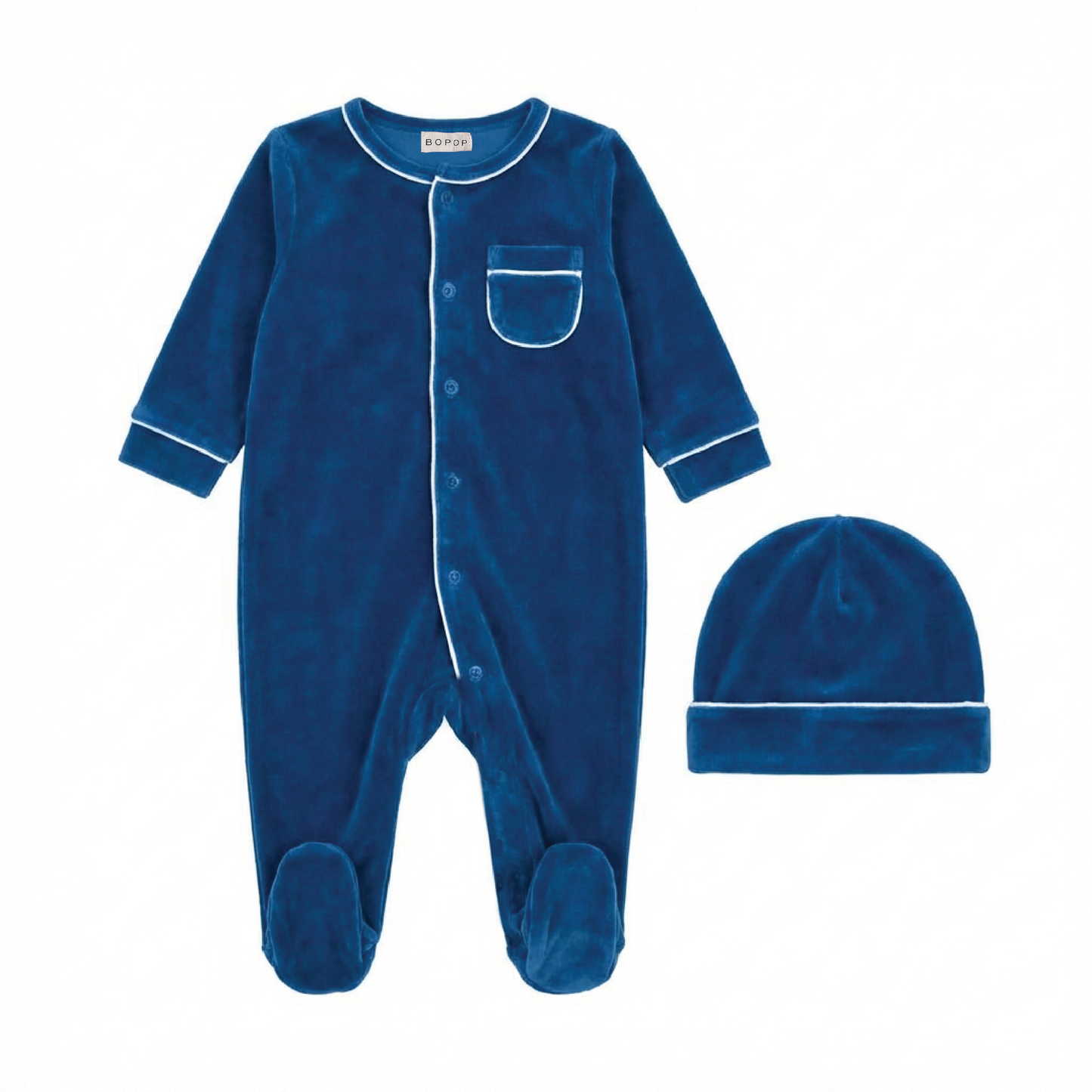 BOPOP BLUE VELOUR GRANDPA FOOTIE + BEANIE