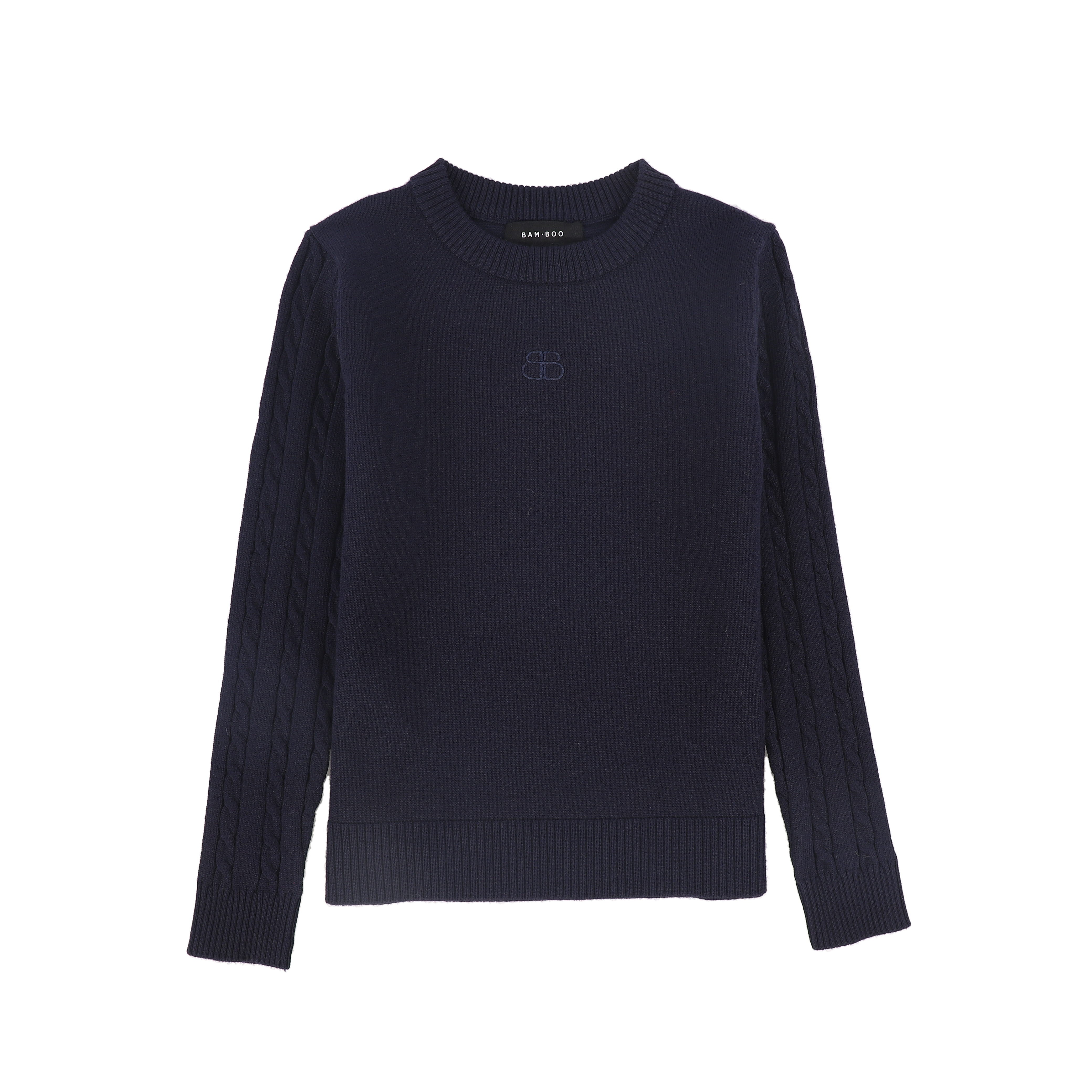 BAMBOO NAVY CABLE KNIT SLEEVE LOGO SWEATER – Luibelle BAMBOO NAVY CABLE KNIT SLEEVE LOGO SWEATER – Luibelle