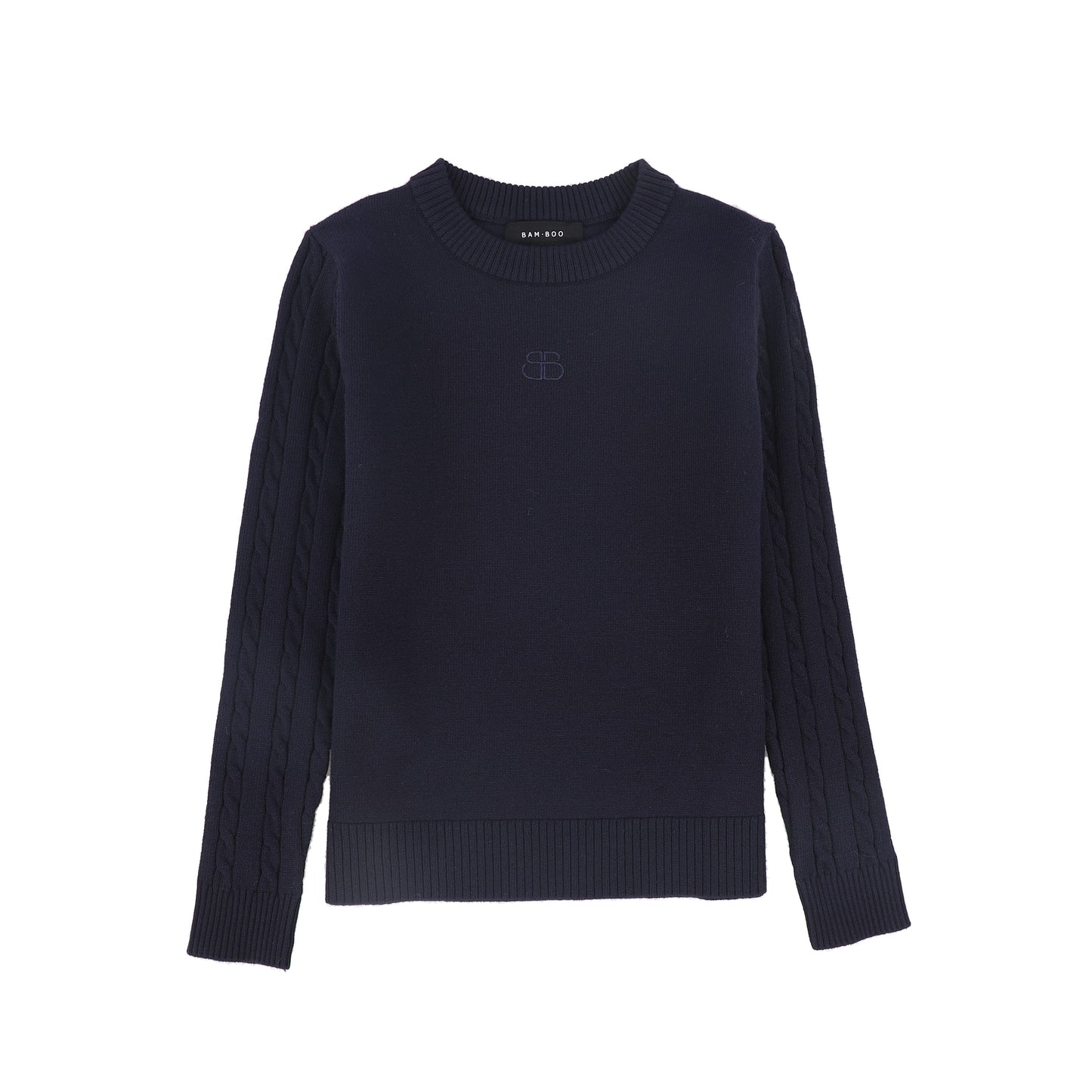 BAMBOO NAVY CABLE KNIT SLEEVE LOGO SWEATER