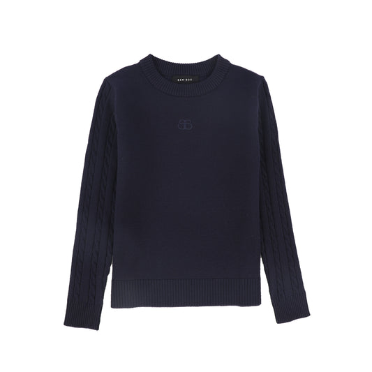 BAMBOO NAVY CABLE KNIT SLEEVE LOGO SWEATER