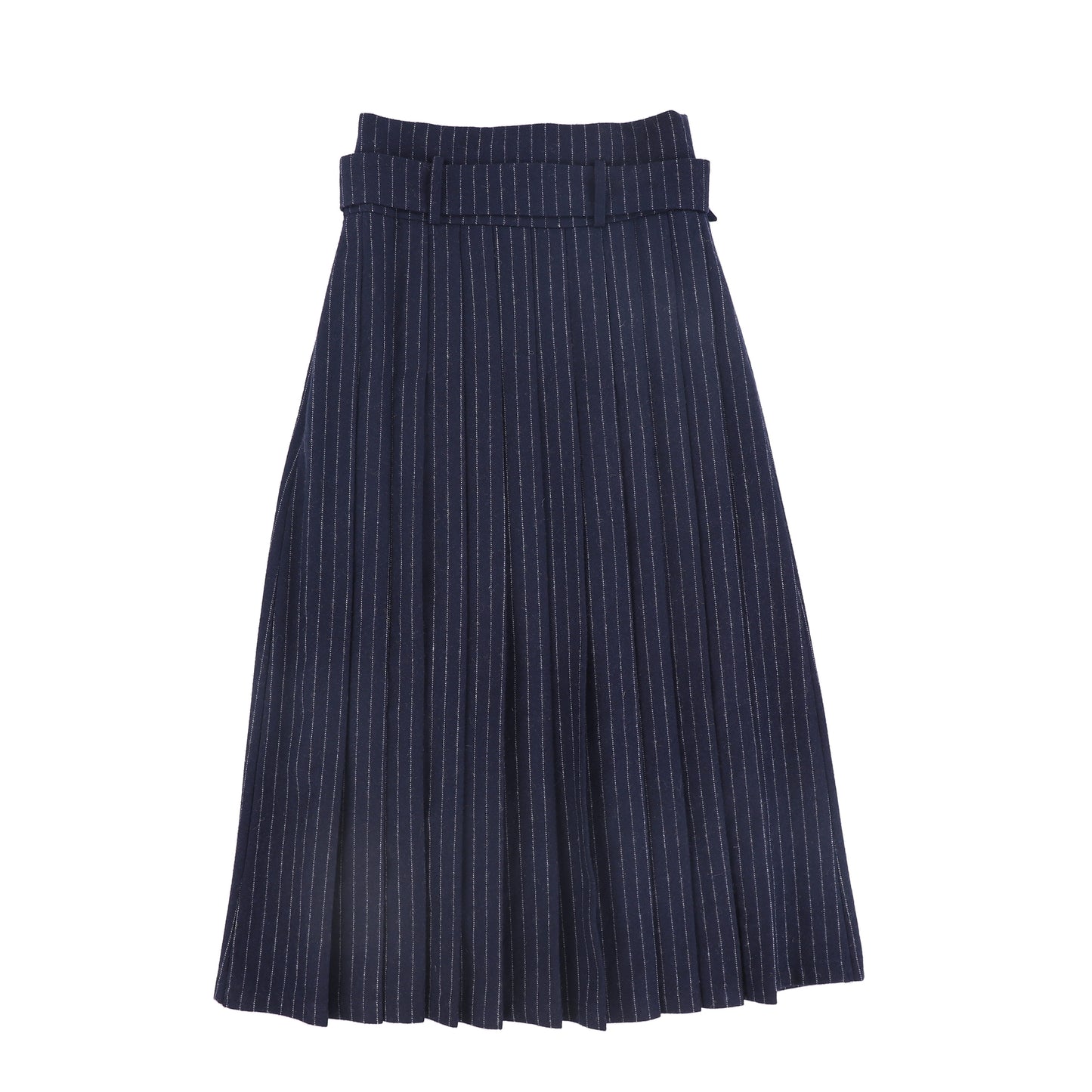 VALENTINA NAVY PINSTRIPED BUCKLE PLEATED MIDI SKIRT