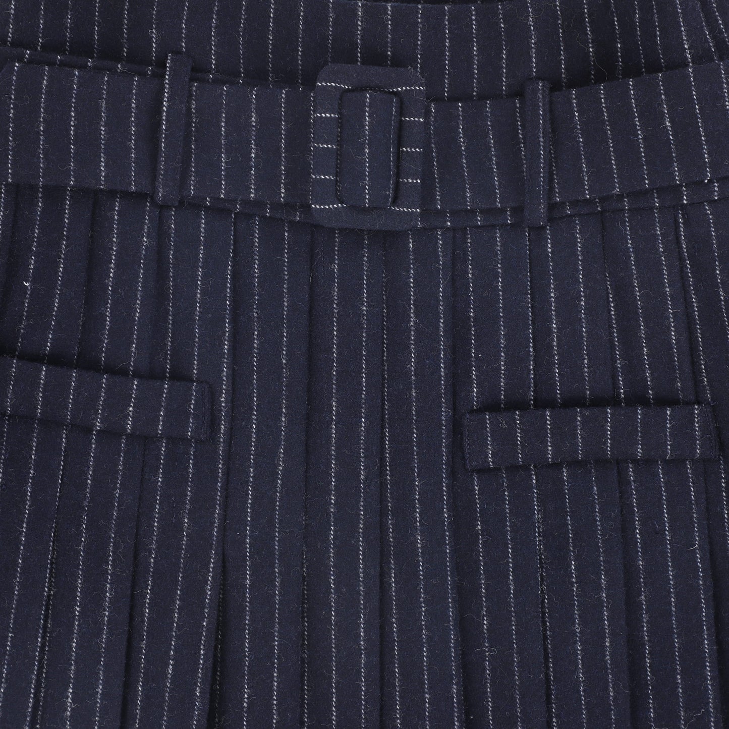 VALENTINA NAVY PINSTRIPED BUCKLE PLEATED MIDI SKIRT