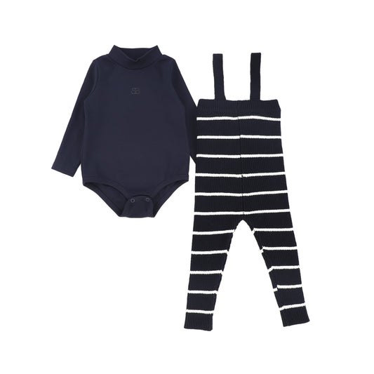 BAMBOO NAVY STRIPE KNIT SUSPENDER LEGGINGS SET