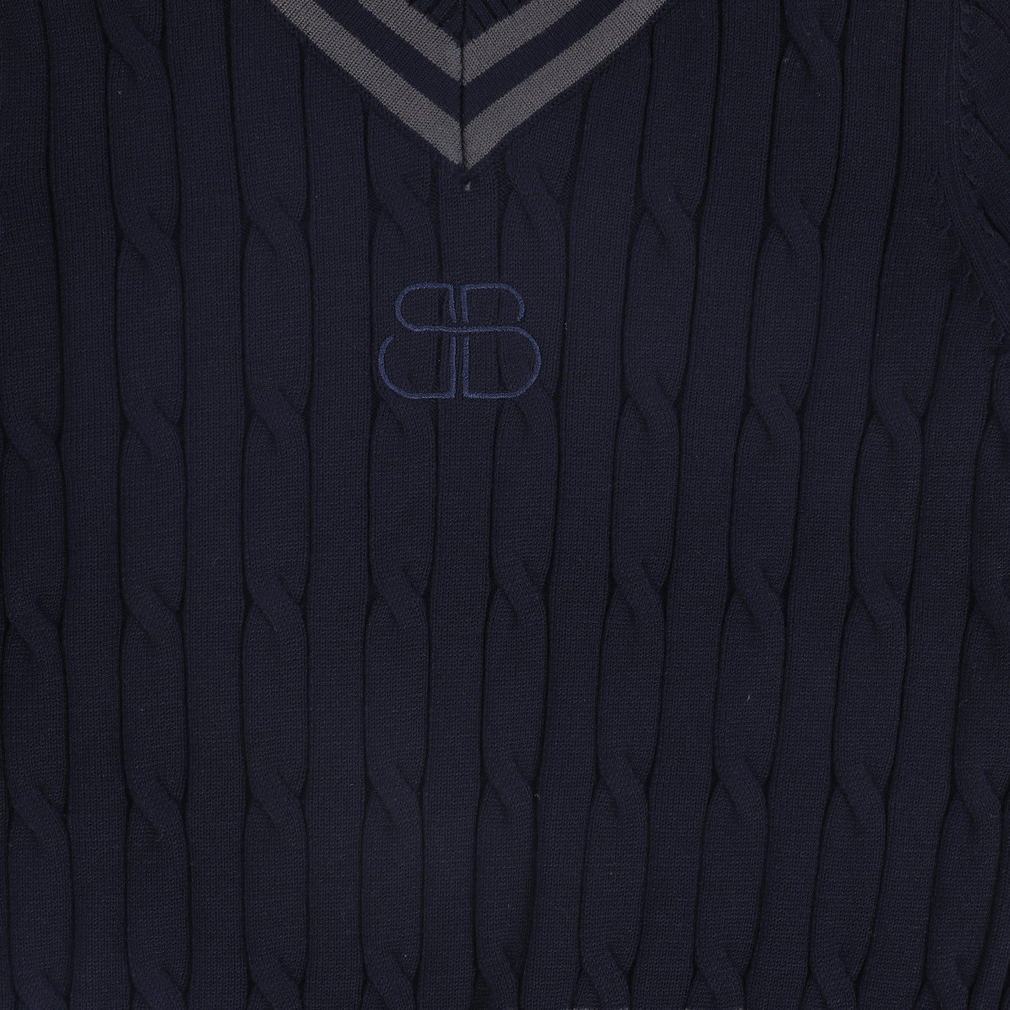 BAMBOO NAVY CABLE KNIT STRIPE TRIM SWEATER