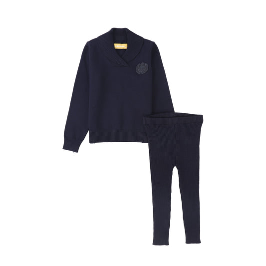 LE BOURDON NAVY WRAP NECK SWEATER LEGGINGS SET