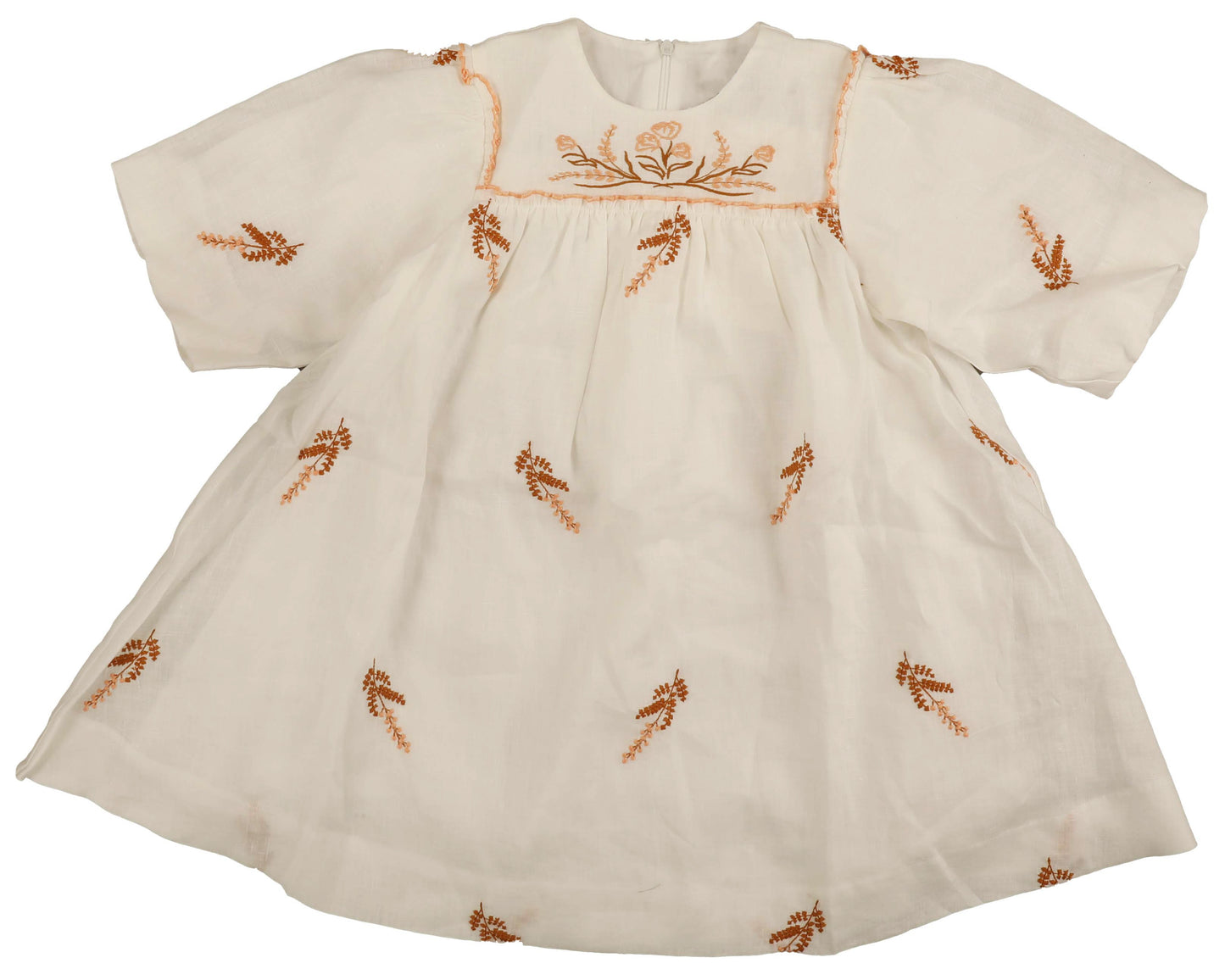 NOMA PEACH EMBROIDERED BIB & BUBBLE SLEEVE DRESS [FINAL SALE]