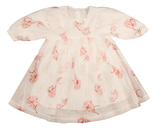 NOMA WHITE/PINK FLORAL 3/4 SLEEVE PLEAT DRESS