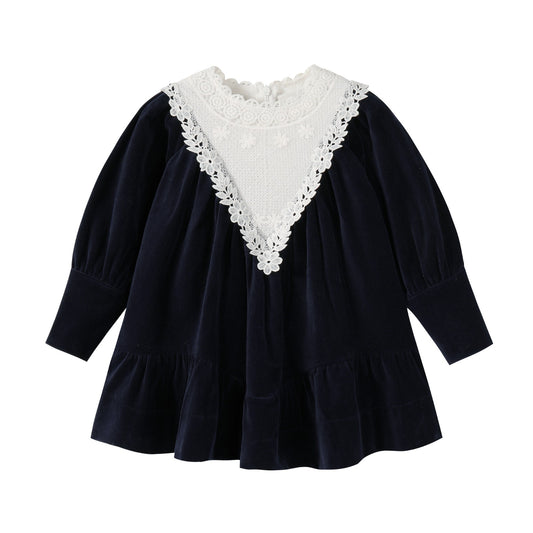 NOUNELLE NAVY  VELVET LACE TRIM DRESS