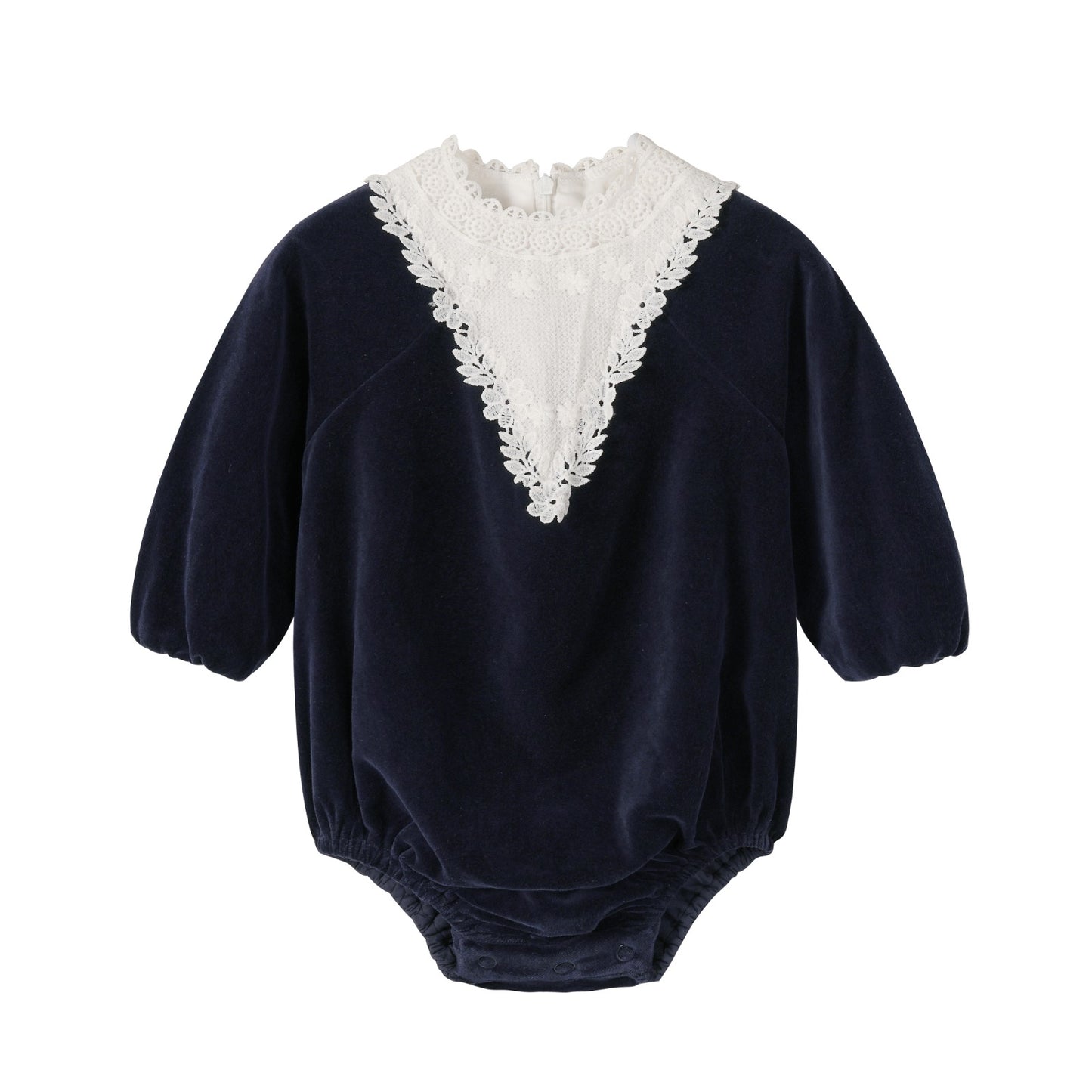 NOUNELLE NAVY VELOUR LACE TRIM ROMPER