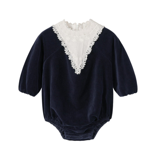 NOUNELLE NAVY VELOUR LACE TRIM ROMPER
